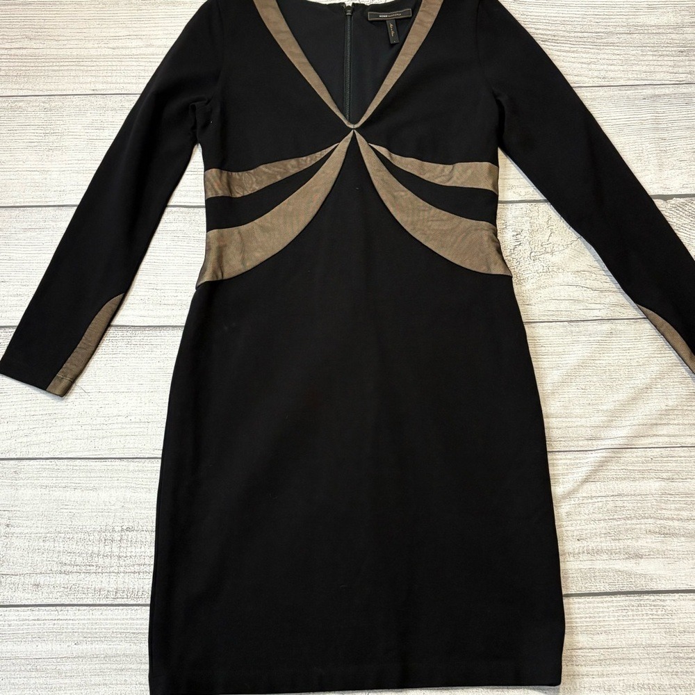 BCBG MaxAzria Bodycon Black Dress with Nude Mesh and Deep V Neckline‎ Size Large